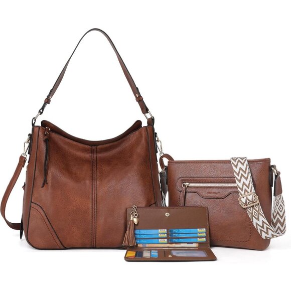 Handbags - Women’s Brown 3PCS PU Leather Purses Set Crossbody Wallet & Hobo Tote Bag
